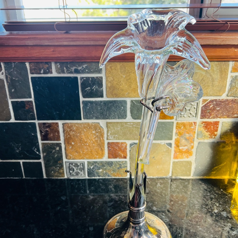Original Art Nouveau vintage 1940 nickel plated trumpet vase, hand blown glass